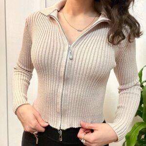 Cropped Fitted Tan Knit Sweater Zip Up Size Medium